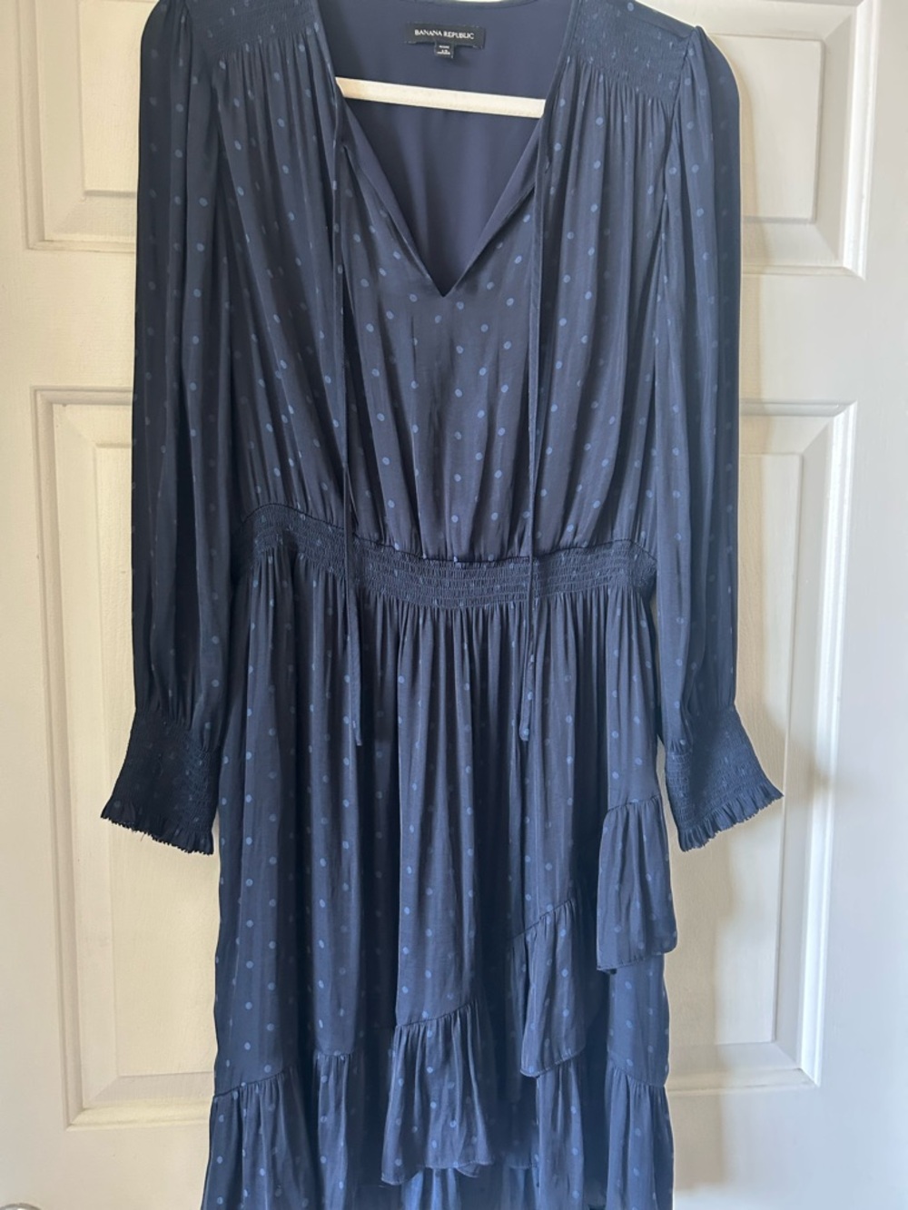 Banana Republic Navy Blue Polka Dot Long Sleeve Tiered Dress